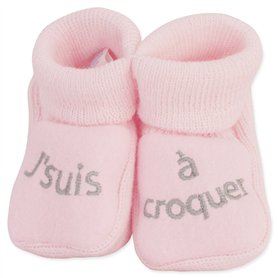 KINOUSSES - Chaussons Bébé - Brodés "J'suis à croquer" - 0-3 Mois - Rose/Argent