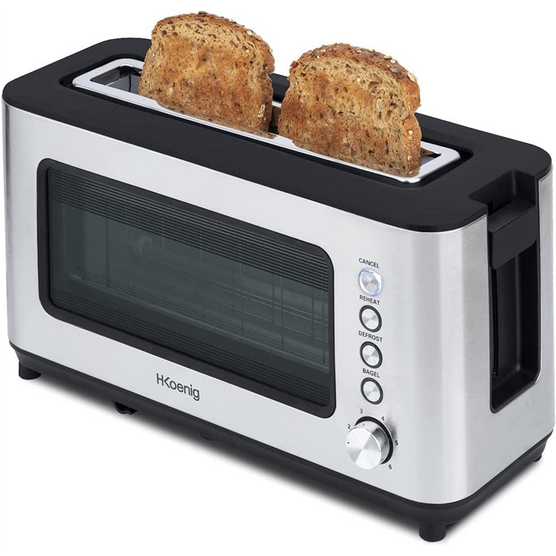 H.Koenig Grille pain Toaster 2 tranches VIEW7 Fentes larges Vitre Transparente Inox vintage, 6 niveaux de brunissage, Décongélat