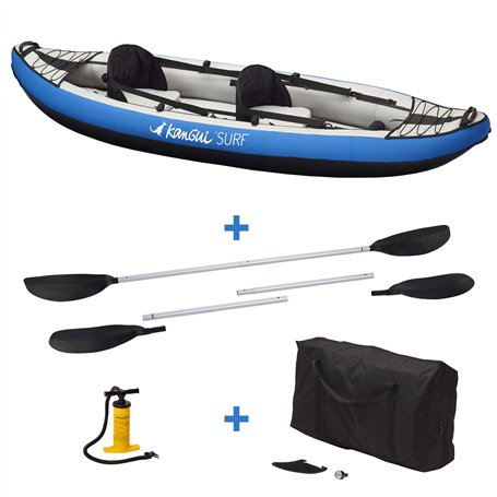 Kangui Canoë Kayak Gonflable Bleu 1 à 2 Places + pagaie + Sac Transport + Pompe Double Action+ kit de réparation
