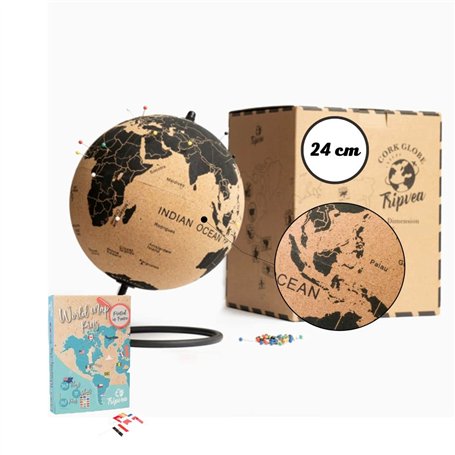 TRIPVEA® Globe terrestre 24 cm vintage en liège + 342 drapeaux autocollants à planter - Mappemonde décorative thème voyage - Idé