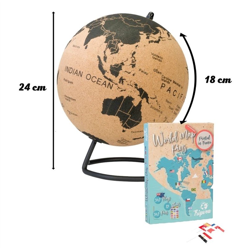 Image secondaire de TRIPVEA® Globe terrestre 24 cm vintage en liège + 342 drapeaux autocollants à planter - Mappemonde décorative thème voyage - Idé