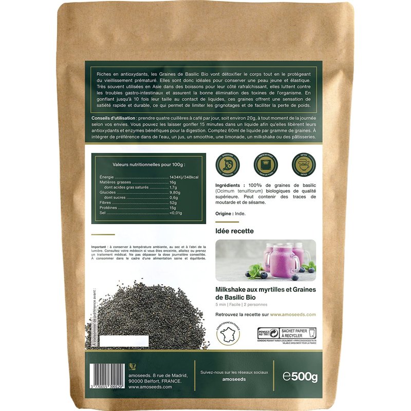 Image secondaire de Graines de Basilic Bio 500G | Exclusivité Française | Satiété, Digestion, Détox, Peau | Similaires aux Graines de Chia | Qualité