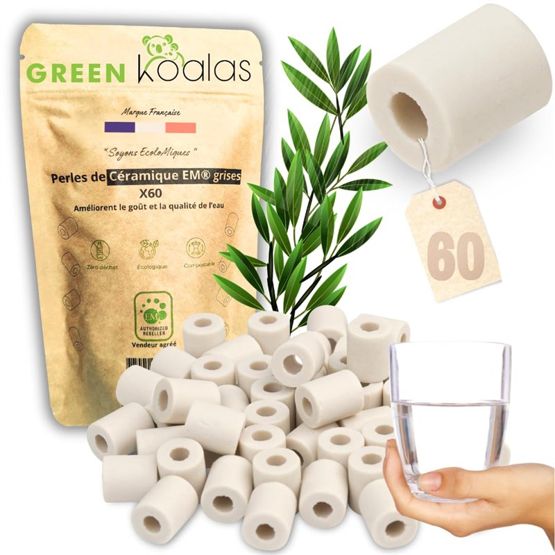 GREEN KOALAS | 60 Véritables Perles de Céramique EM GRISES | Billes de Filtration de l'eau du robinet pour Carafe Machine à café
