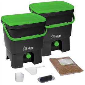 skaza Bokashi Organko Lot de 2 bacs à Compost en Plastique recyclé avec Son Son Bokashi EM 1 kg Noir/Vert