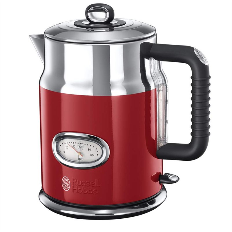 Russell Hobbs Bouilloire Electrique [Design Vintage Premium] Retro Rouge (1,7L, Ebullition Rapide, Jauge Température, Couvercle 