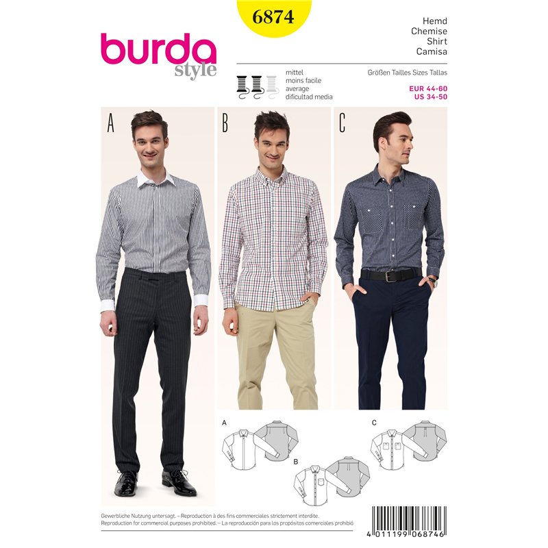 Burda B6874 Patron de Couture Chemise Homme 19 x 13 cm, 44-60, blanc