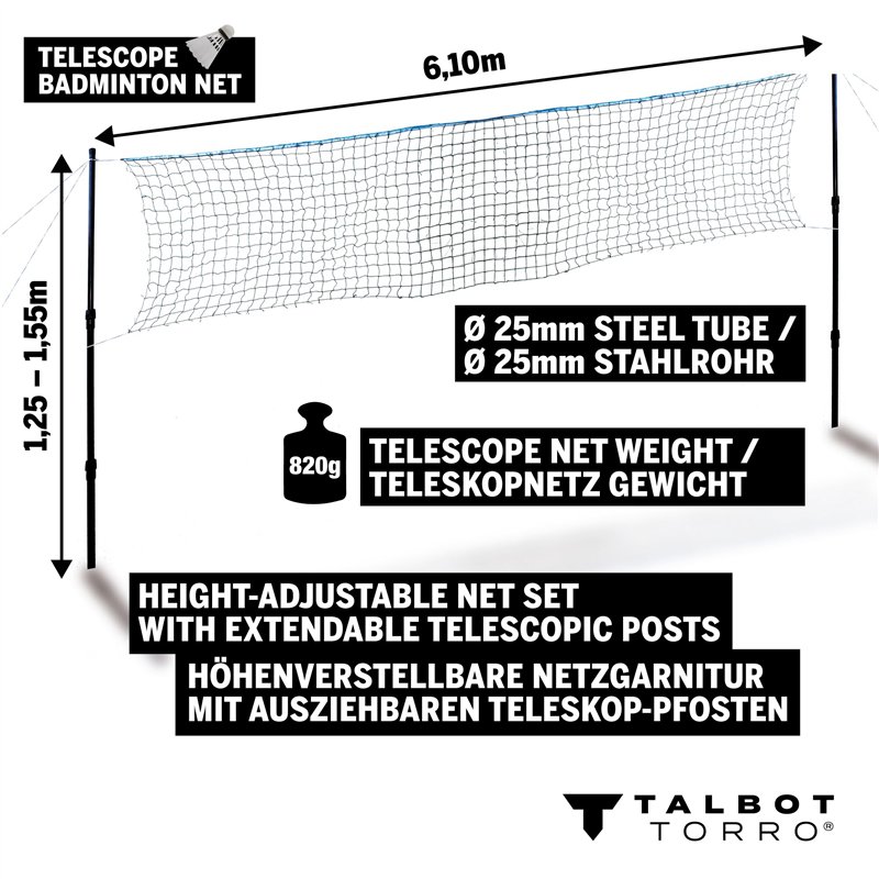 Image secondaire de Talbot-Torro Filet de Badminton Télescopique, Réglable en Hauteur: 1,25-1,55 m, Largeur 6,10 m, Dans un Sac, 449599, Noir