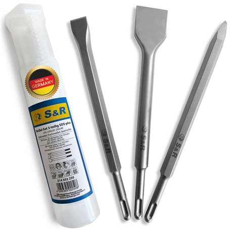 S&R Burin SDS Plus. Set de 3 Ciseaux Carrelage- Burin Plat