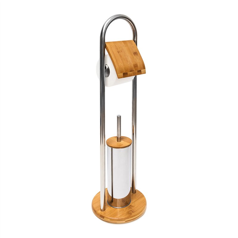Relaxdays Ensemble porte brosse WC support porte rouleau papier toilette en bambou et inox brosse plastique distributeur papier 
