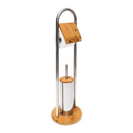 Relaxdays Ensemble porte brosse WC support porte rouleau papier toilette en bambou et inox brosse plastique distributeur papier