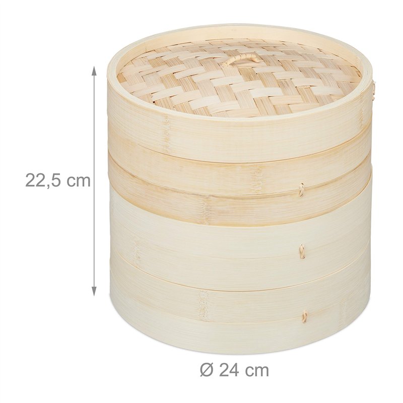 Image secondaire de Relaxdays cuiseur vapeur bambou, panier asiatique avec 3 étages, pour Dim Sum, riz, bamboo steamer, Ø 24 cm, nature