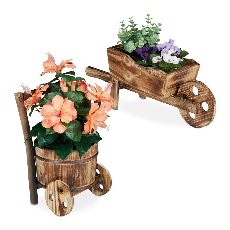 relaxdays Brouette pour Plantes, Jeu de 2, Bois brûlé, Jardin décoration, Design Vintage, HxlxP