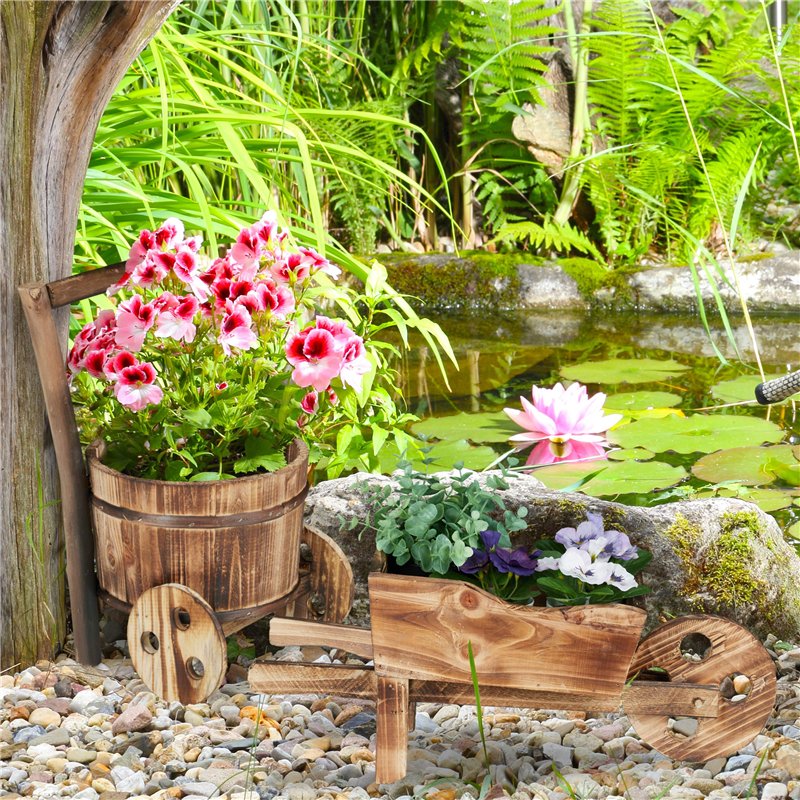 Image secondaire de relaxdays Brouette pour Plantes, Jeu de 2, Bois brûlé, Jardin décoration, Design Vintage, HxlxP