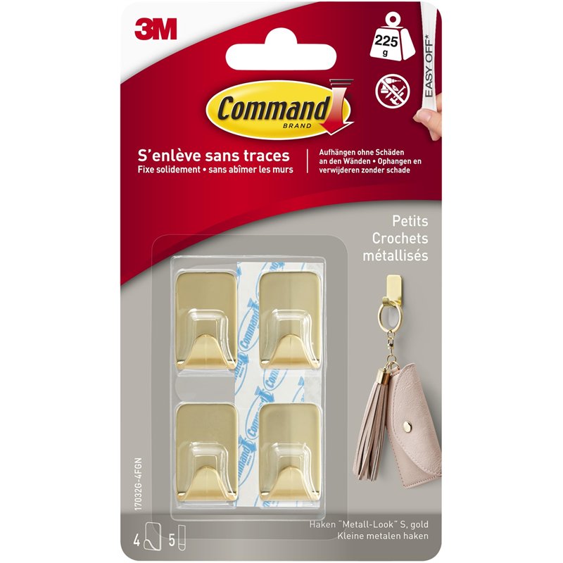 Command Crochet Déco Doré, Petit Modèle, 4 Crochets, 5 Languettes Transparentes - Sans Outils - Pour Accrocher et Décorer Sans A