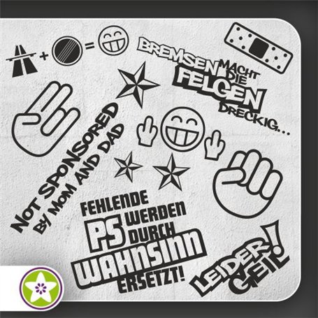 Sticker Bomb Set 01 Lot d'autocollants pour auto avec divers motifs et inscriptions « Bremsen macht die Felgen dreckig »
