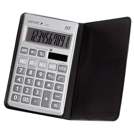 Genie calculatrice 10 chiffres 330 plat avec dual-power (solaire et piles)-avec housse-argent