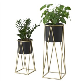 [en.casa] Set de 2 Supports de Plante Cache-Pot Pot de Fleur Bac à Fleurs Vase Métal Couleur Laiton et Noir Tailles Différentes