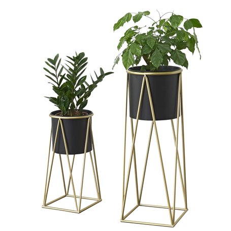 [en.casa] Set de 2 Supports de Plante Cache-Pot Pot de Fleur Bac à Fleurs Vase Métal Couleur Laiton et Noir Tailles Différentes