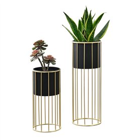 [en.casa] Set de 2 Supports de Plante Ensemble Cache-Pot Pot de Fleur Bac à Fleurs Vase Métal Tailles Différentes Doré Noir