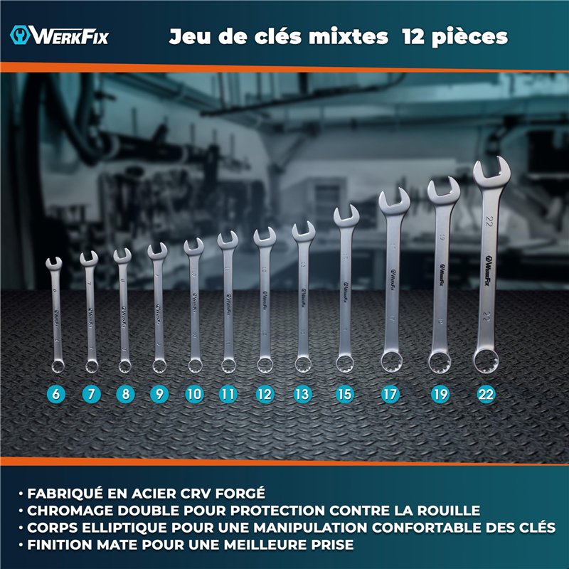 Image secondaire de WERKFIX Jeu de Clés Plates Mixtes - 15 Clés à fourches polygonales 6-21 mm. Clés Mixtes + Sac de transport.
