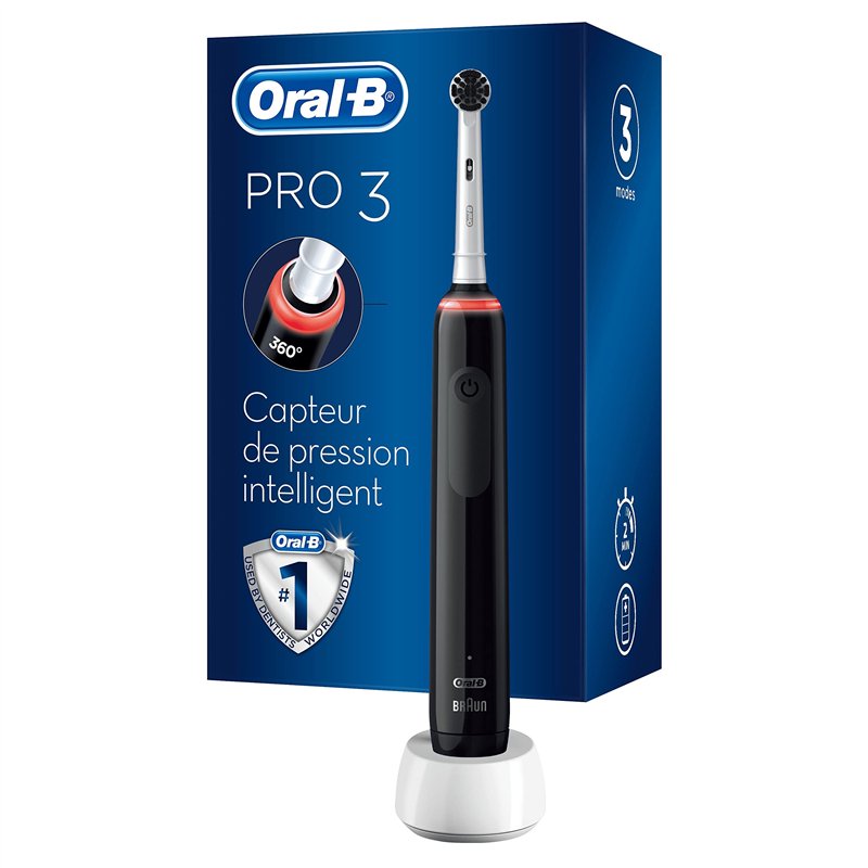 Oral-B Pro 3 3000 Brosse À Dents Électrique Rechargeable Avec 1 Manche Capteur De Pression Et 1 Brossette , Noir, Élimine Jusqu’