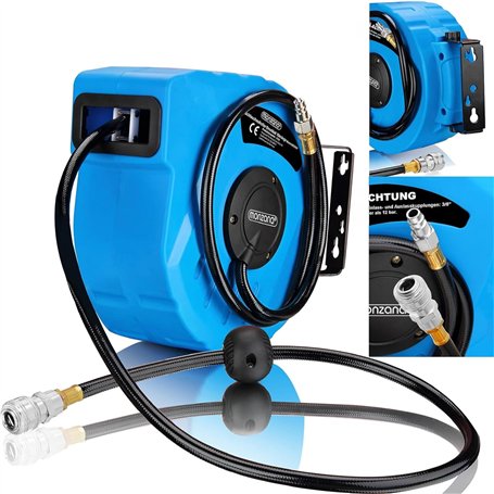 DEUBA® Dévidoir enrouleur tuyau à air comprimé automatique 10m+1m raccord 3/8' 12 bar Ø12mm enroulement tuyau pneumatique suppor