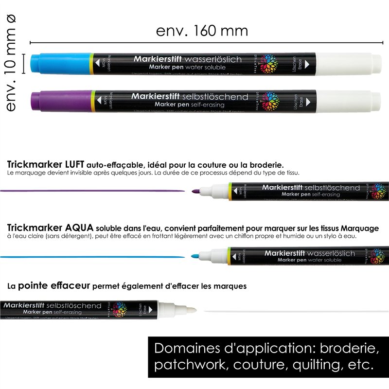 Image secondaire de OfficeTree 2x Stylo Couture Tissu Effacable - Auto-extinguible et Hydrosoluble - Feutre Couture Effacable - Stylo Broderie pour 