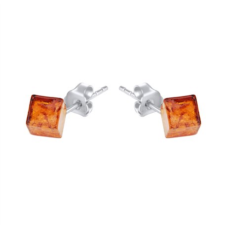 ANDANTE Premium Collection - Boucles d'oreilles en véritable ambre de la Baltique - Argent sterling 925 - Mini cube - Certifié -