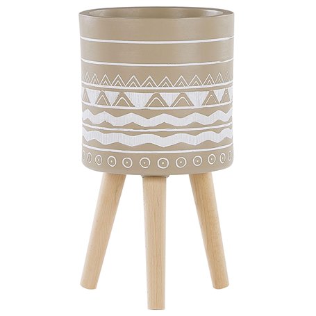 Cache-Pot Support Plantes Beige avec 3 Pieds en Bois 25 cm de Diamètre Motif Ethnique Peint à la Main pour Extérieur et Intérieu