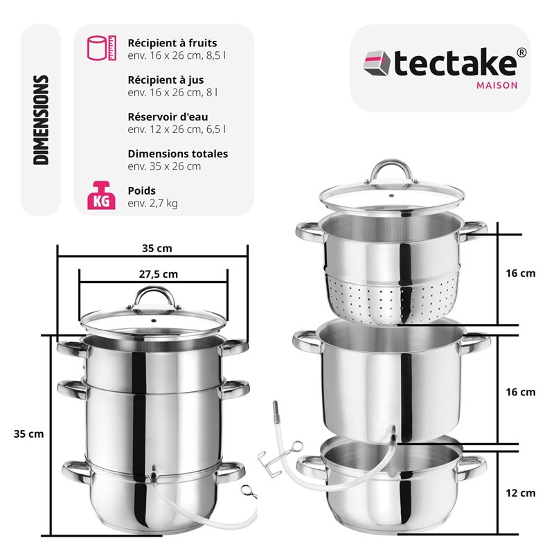 Image secondaire de tectake® Extracteur de jus 15L en Acier inoxydable Multi-fonction Centrifugeuse Fruits et legumes Cuiseur-vapeur Presse fruits, 