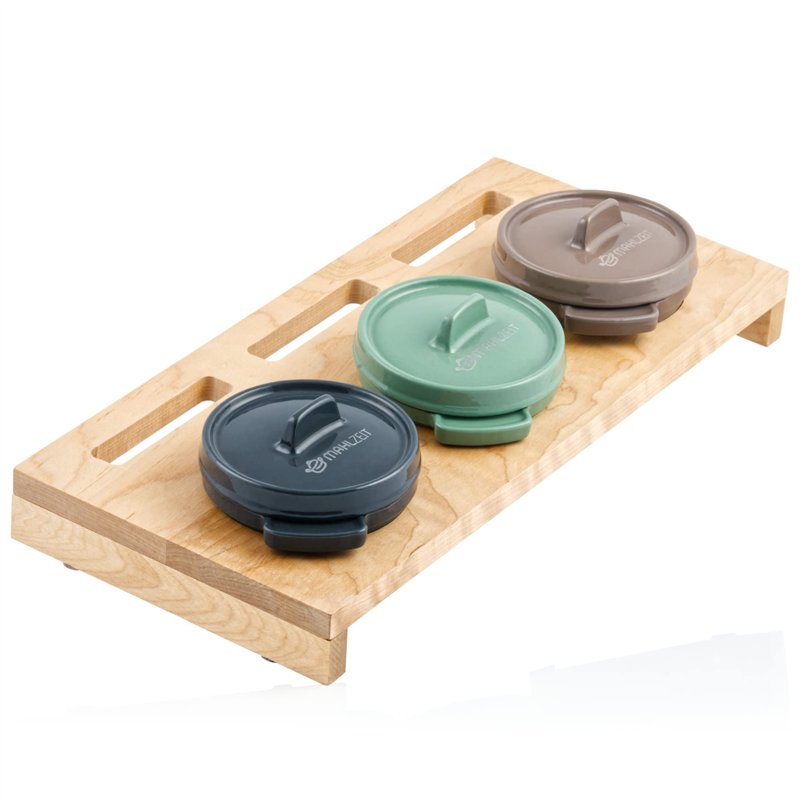 Mahlzeit Lot de 3 mini cocottes avec support en bois - 3 x 250 ml - En fonte émaillée - Petite cocotte