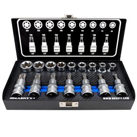 Haskyy Professional 16 pièces Jeu de douilles Torx d'embouts I Jeu d'écrous I T30-T70 55mm de long I E10-E20 39mm de long