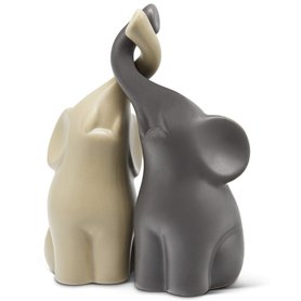 Couple harmonieux d’éléphants en céramique Beige & Gris - Sculpture Moderne