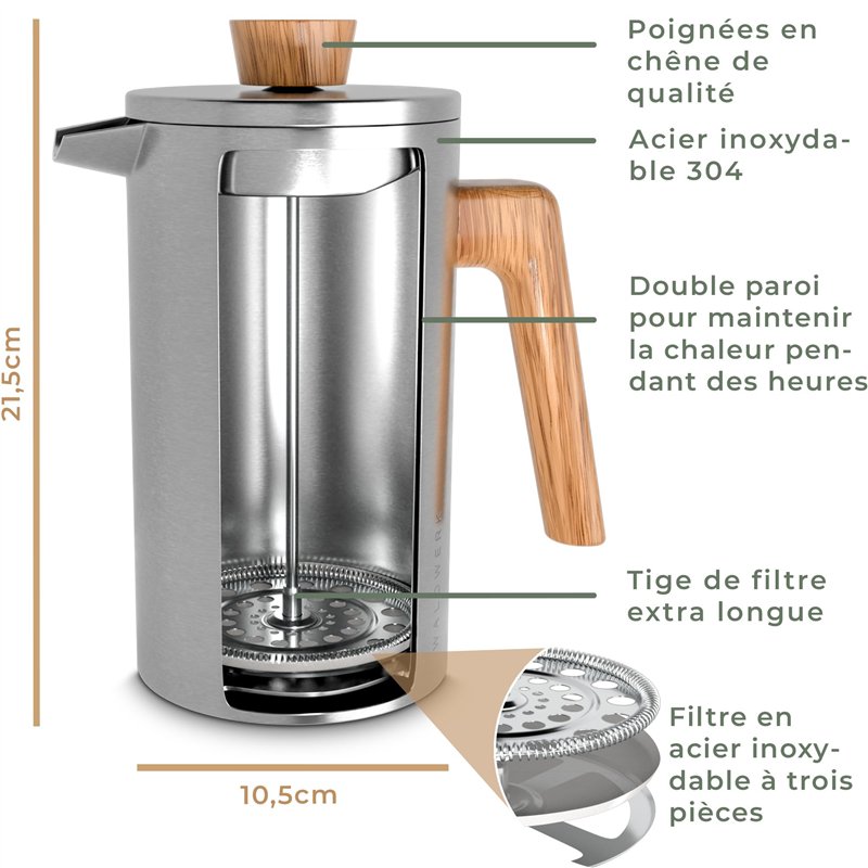 Image secondaire de WALDWERK Cafetière à Piston (1L) - French Press en Acier Inoxydable à Double Paroi avec Poignée en Bois de Chêne - Cafetière Man