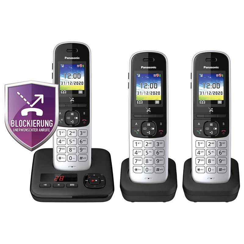 Panasonic Téléphone sans fil KX-TGH723GS avec répondeur, lot de 3 (téléphone DECT, faible rayonnement, écran couleur, bloqueur d