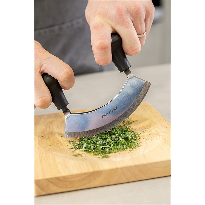 Image secondaire de KitchenCraft Mezzaluna Chopper Et Planche À Découper En Bois, Couteau À Double Lame En Acier Inoxydable / Bois, Ensemble De 2 Pi