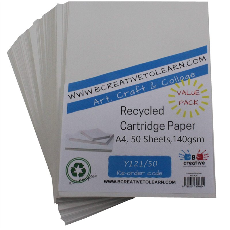 BCreativetolearn 100% Papier De Cartouche D'Art Recyclé Écologique Great Art Paper 140GSM Pack De 50 Feuilles |Blanc|A4
