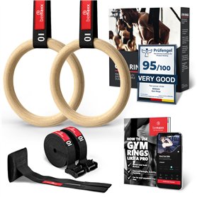 BeMaxx Anneaux de Gymnastique en Bois + Support Porte & Livre d’Exercices | Set Gymnaste & Sangle de Sécurité Graduées | Anneau