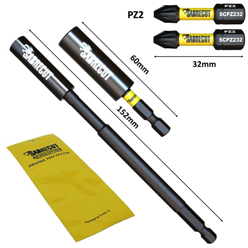 Image secondaire de SabreCut SCRK1 2 x porte-embouts à impact magnétique professionnels (60 mm et 152 mm) et 2 x embouts de tournevis PZ2 compatible