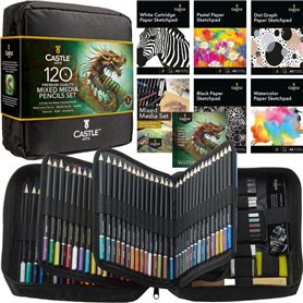 Castle Art Supplies Lot de 120 crayons artistiques mixtes - Collection de crayons de couleur