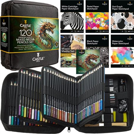 Castle Art Supplies Lot de 120 crayons artistiques mixtes - Collection de crayons de couleur