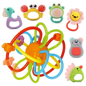 Nene Toys Set de 7 Hochets et Jouets de Dentition Colorés pour Nouveau-nés – 1 Anneau de Dentition Qualité Premium et 6 Animaux