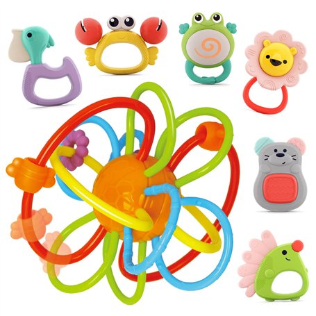 Nene Toys Set de 7 Hochets et Jouets de Dentition Colorés pour Nouveau-nés – 1 Anneau de Dentition Qualité Premium et 6 Animaux