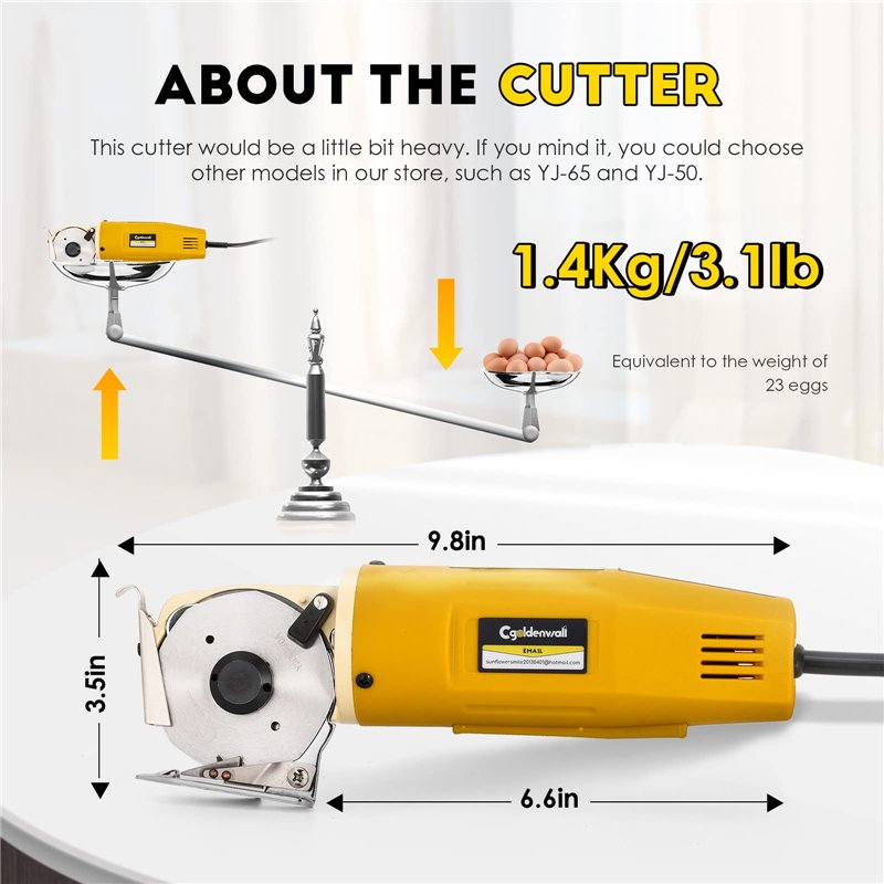 Image secondaire de CGOLDENWAL YJ-70A Ciseaux Électrique Tissu Ciseaux Rond Couteau Épaisseur de Coupe 25mm Diamètre de Lame 70mm 2400tr/min avec Fo