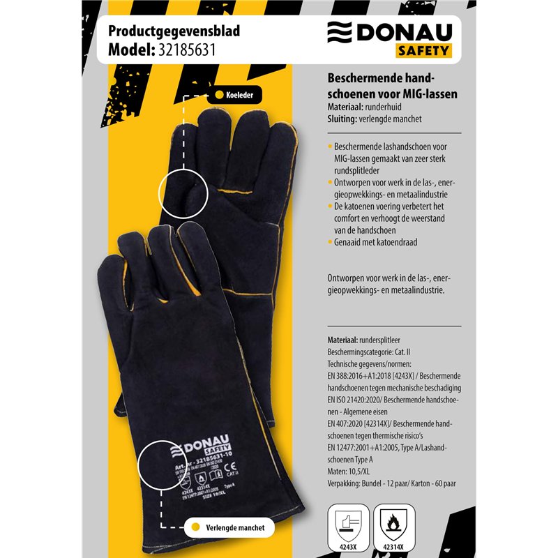 Image secondaire de DONAU SAFETY Gant de Soudeur en Croûte de Cuir de Vachette pour Soudage MIG - Taille 10 XL, 1 Paire - Gants de Travail de Haute Qualité