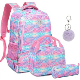 Sac Ecole Fille Sac a Dos Scolaire Fille Cartables Enfant Primaire pour l'école Loisir Voyage 3 en 1 Sac Sirène+Sac à Lunch+ Tro