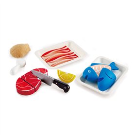 Hape Viandes & Poissons à Découper - Jeu d'Imitation Cuisine en Bois - Enfants de 3 ans et Plus - Accessoires Dinette Réalistes