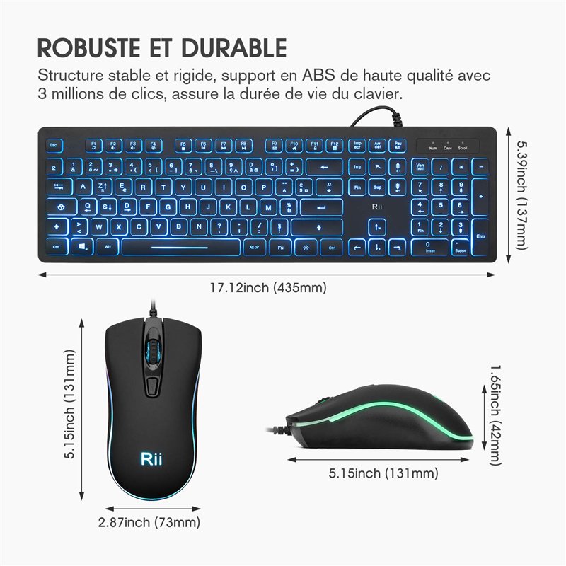 Image secondaire de Rii RK105 Ensemble Clavier et Souris USB Rétroéclairé RGB pour Bureau de Domicile/Travail