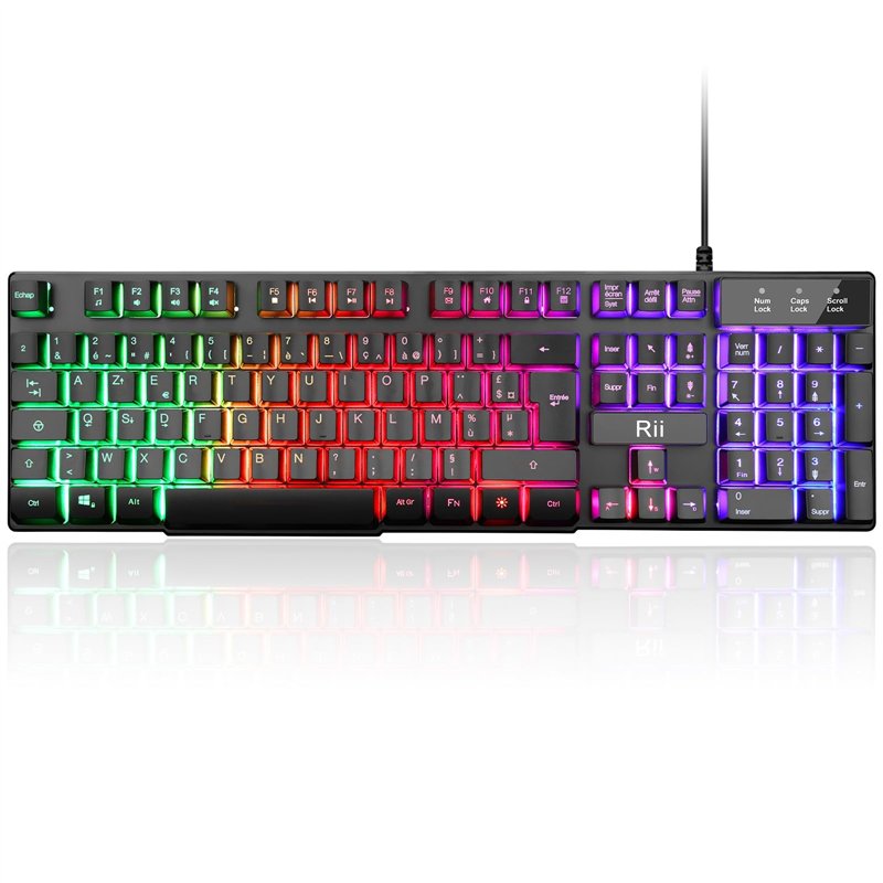 Rii Clavier Gamer - AZERTY - Nouveau Clavier USB Filaire - 105 Touches Semi-Mécaniques - 5 Couleurs LED Rétro - 11 Raccourcis Mu