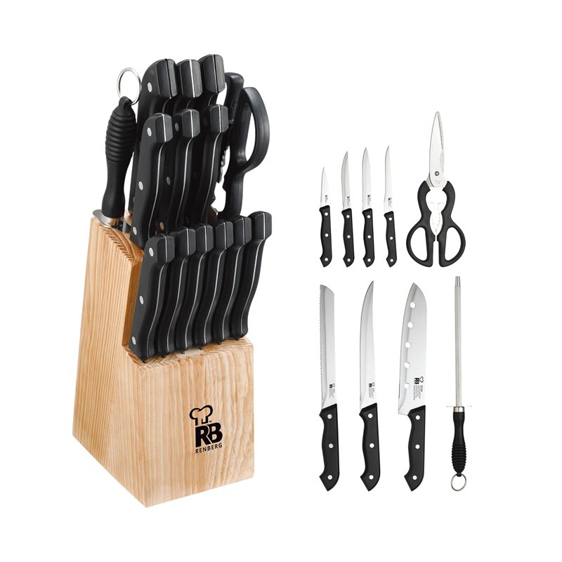 RENBERG Tenessy | Couteaux de cuisine | set complet de 15 pièces avec support en bois | parfait pour couper tous types d'ingrédients